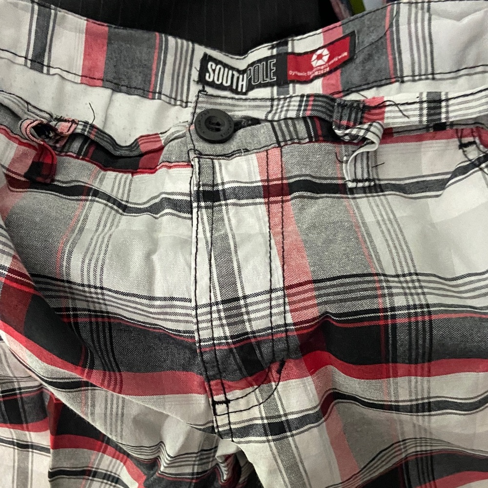South Pole Boy’s Red, Black & White Plaid Flat Front Shorts